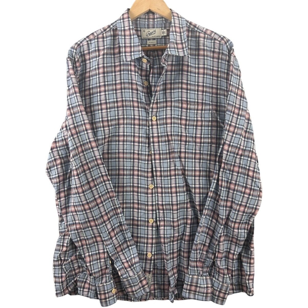 Grayers Clothiers Mens XL Blue Pink Plaid 100% Linen Long Sleeve‎ Button Shirt